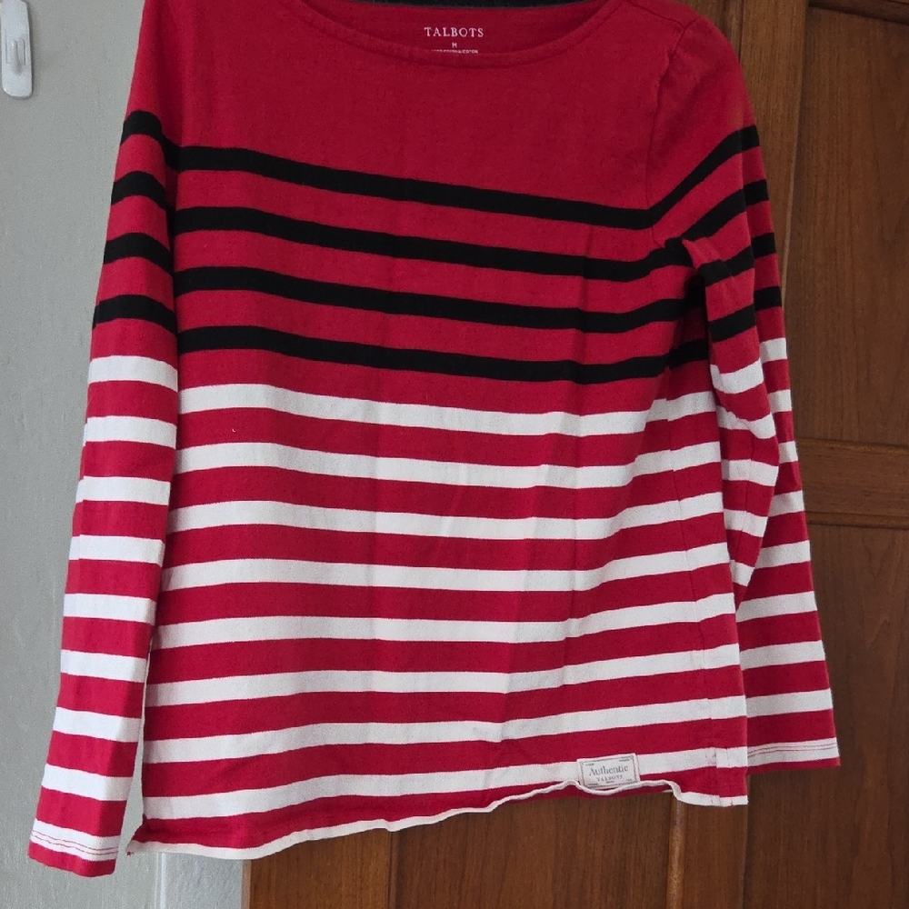 Talbots Womens  Red and Black Striped Long Sleeve Tee
